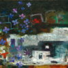 Painting. Oil on canvas. Silhouette of a white house, violets, in the left corner two characters with their arms wide open.