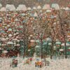 Painting. Ten children, a pony, a dog and two snowmen, behind which are trees and glowing windows of a house. Snow is falling.