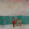 Painting. A boy in red, a pony and a small white dog stand in the snow against a green fence.