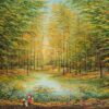 Painting, oil on canvas. Three children and a small white dog are standing by a lake in the forest.