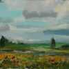 Painting, oil on canvas. Landscape. In the foreground is a field of wildflowers, in the distance are green trees and bushes. Gray and blue sky.