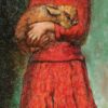 Painting. Girl in red with a rabbit on a green background.
